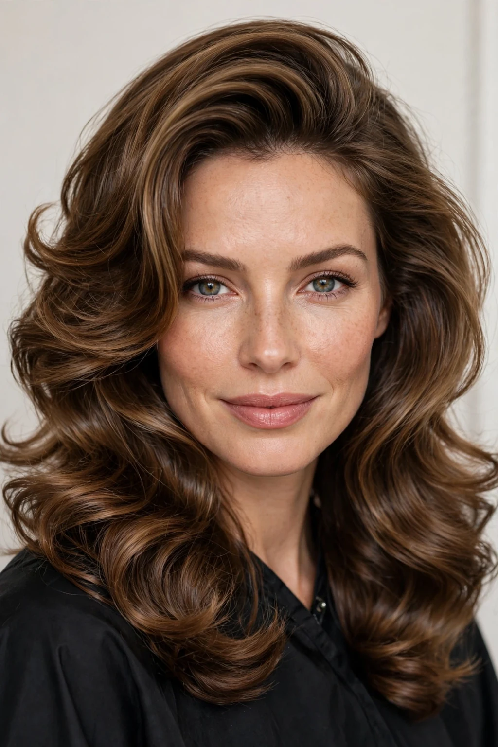 Woman with polished medium blowout, smooth bouncy salon blowout, glamorous light.