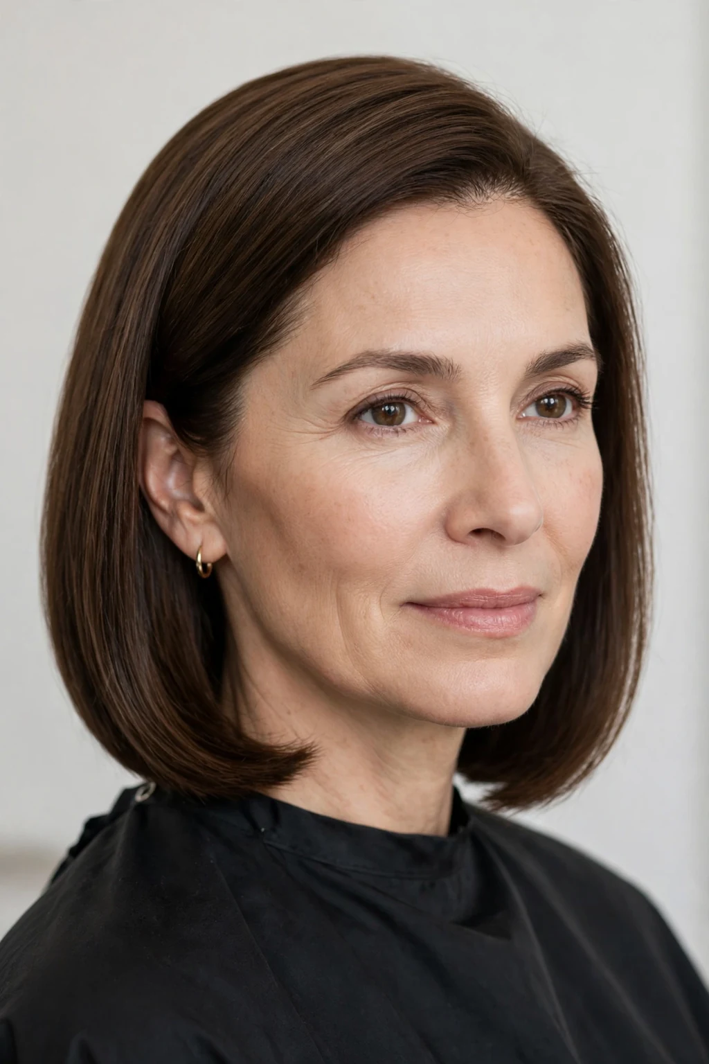 Woman over 40 with polished medium cut, immaculate smooth style, elegant light.