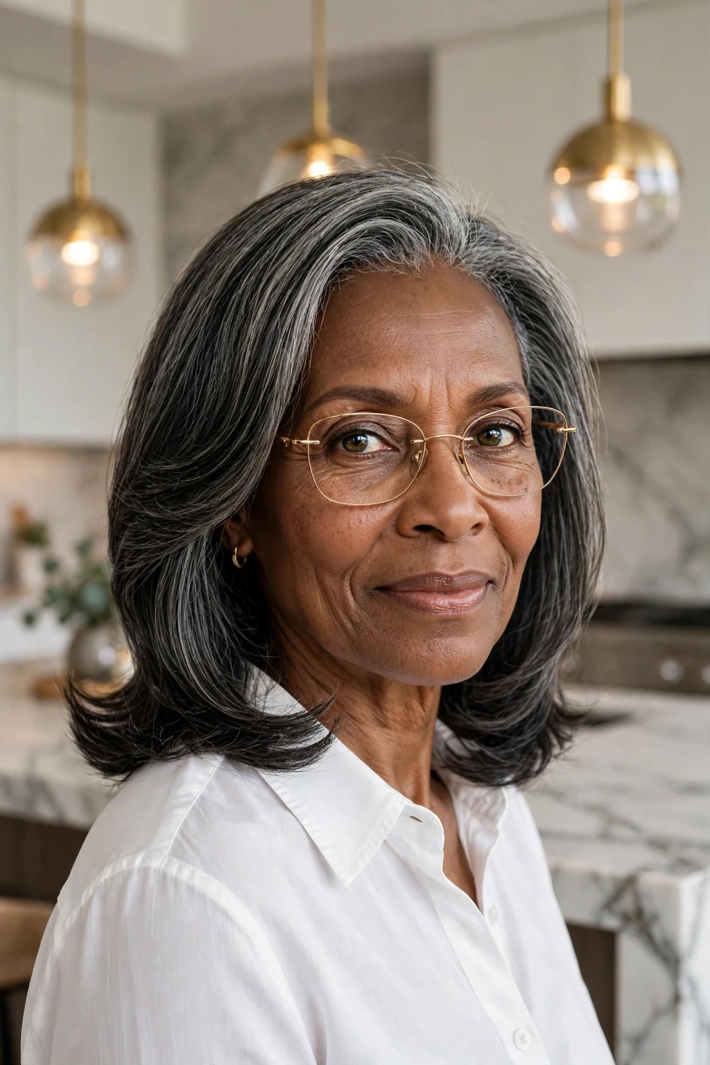 Elegant woman over 60 with fine hair and glasses and polished medium layers, refined glossy layers, elegant light.