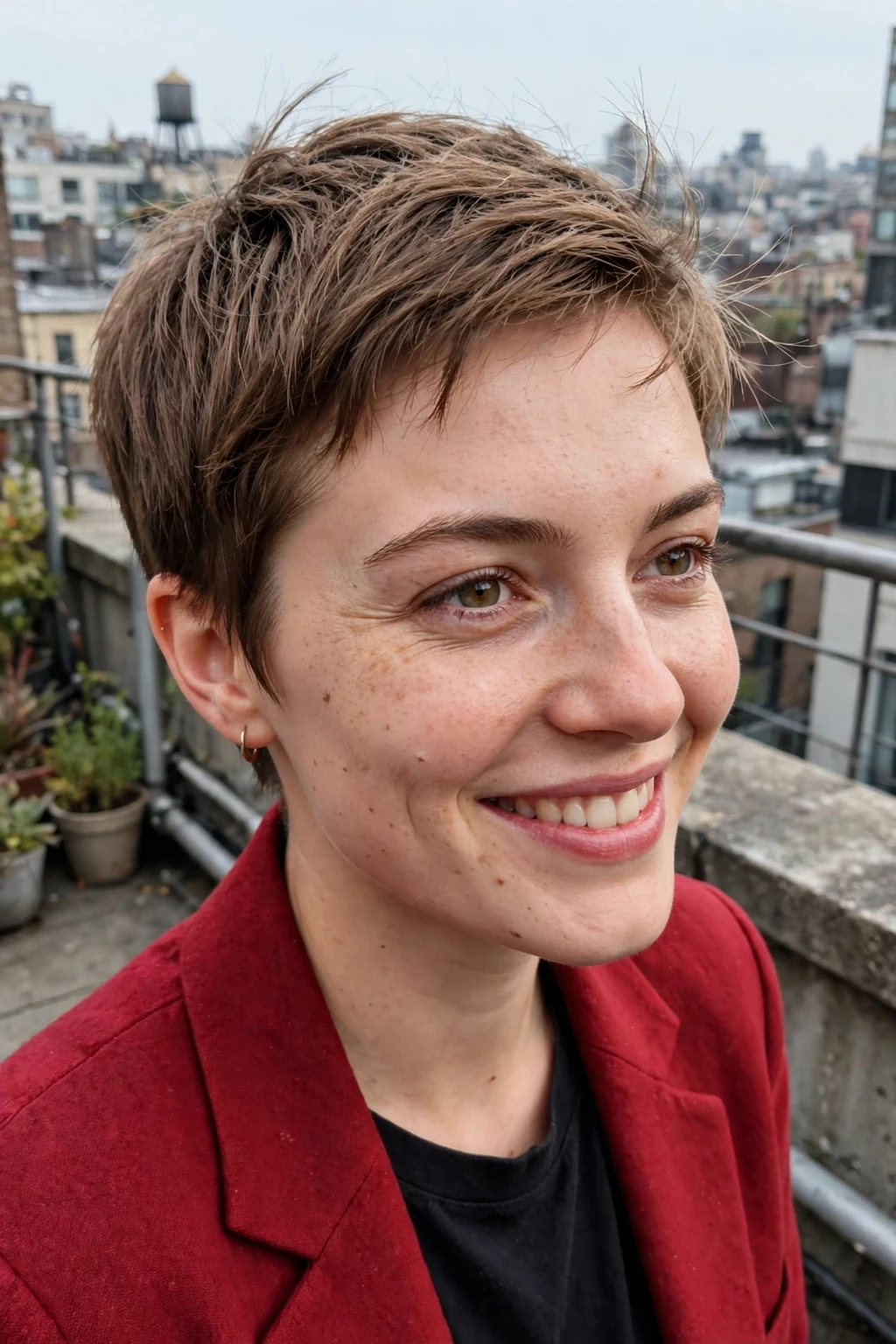Young professional woman with a polished pixie cut hairstyle, wearing professional attire in an office setting.