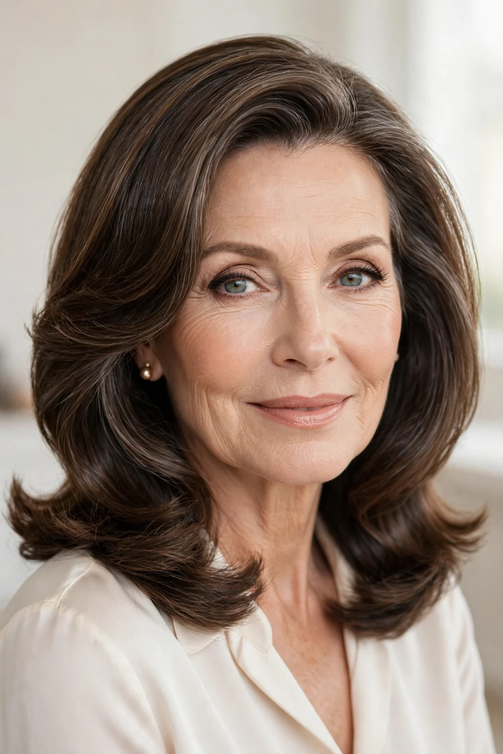 Elegant older woman with polished shoulder blowout, smooth salon finish, glamorous light.