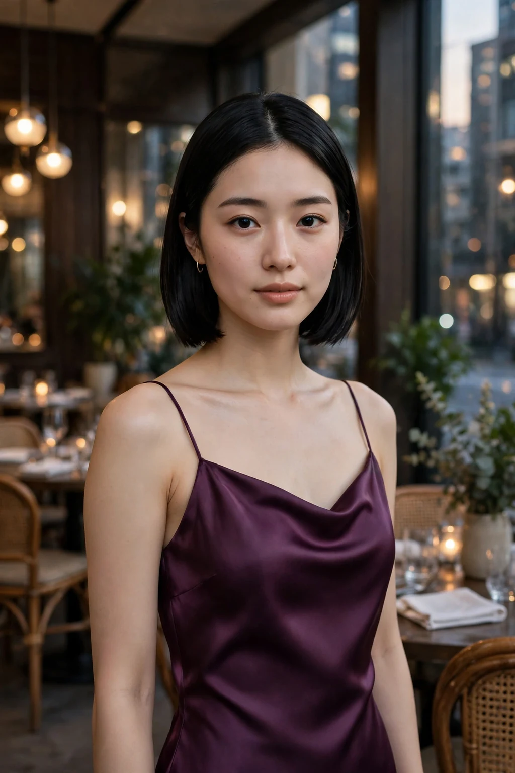 Young woman with a polished sleek bob hairstyle at a wedding, wearing a plum dress.
