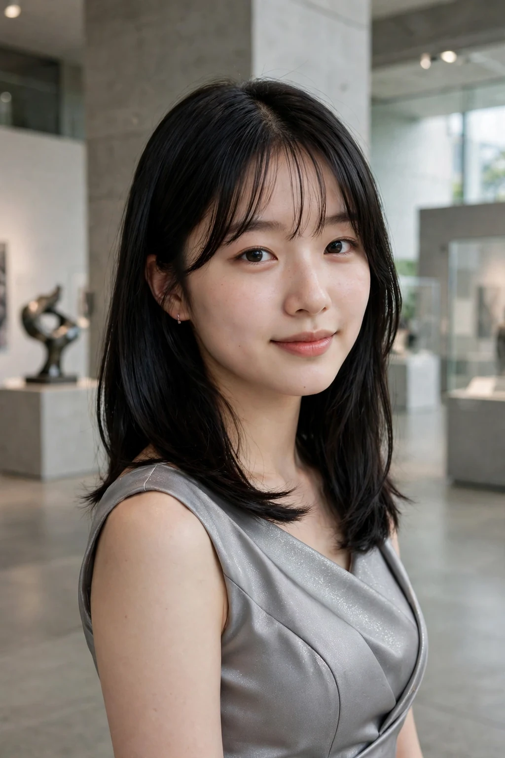 Young woman aged 19 with polished straight with curtain bangs prom hairstyle for medium length hair, elegant formal look.