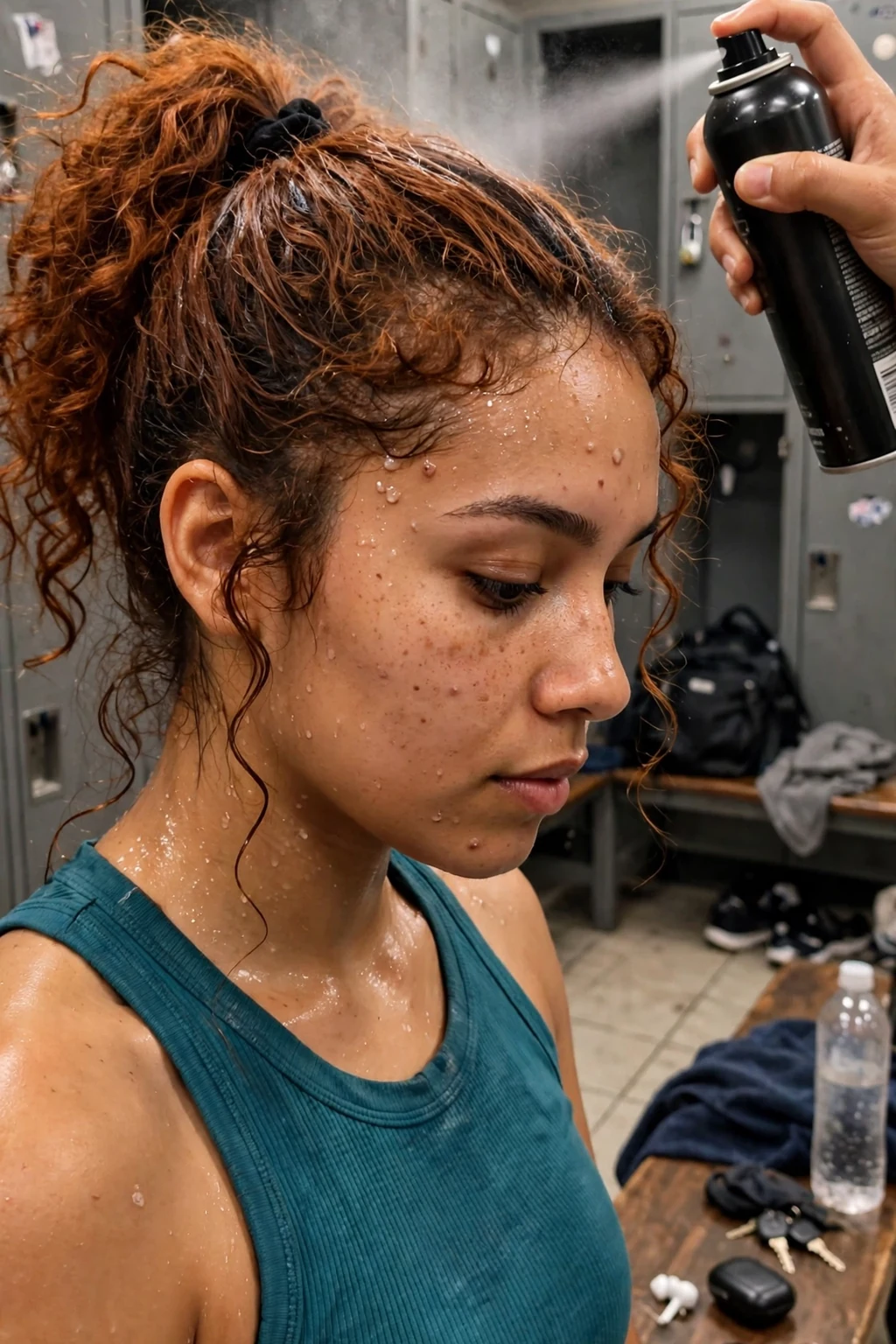 A young Latina woman with curly auburn hair in a high ponytail refreshing her post-workout hair with dry shampoo in a gym locker room.