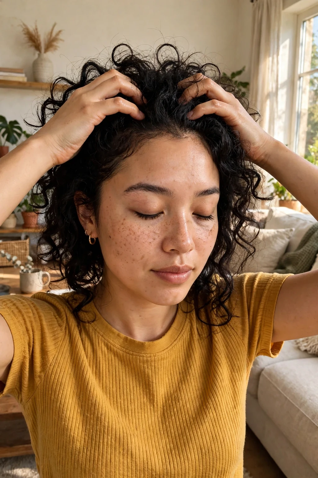 A young woman massaging her scalp with her fingertips before washing her hair at home.