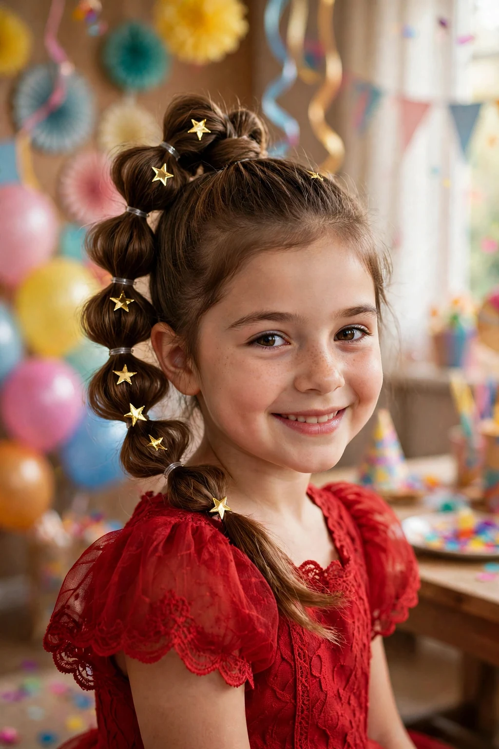 A young girl with a bubble braid ponytail and star clips in a colorful birthday room.