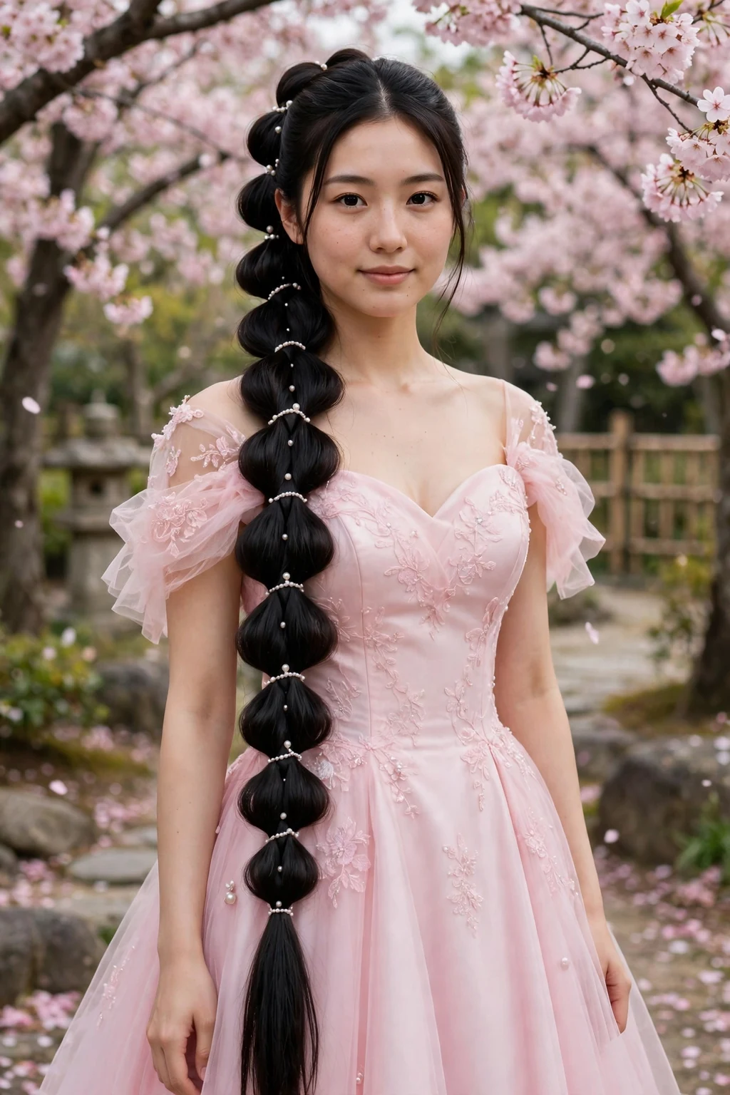 Young woman with a princess bubble braid with pearl accents, wearing a pastel pink gown.