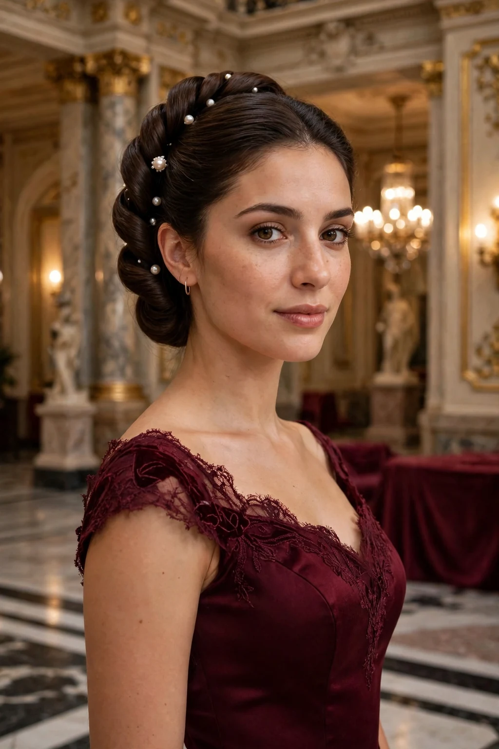 Young woman with a princess French twist with pearl pins, wearing a burgundy gown.