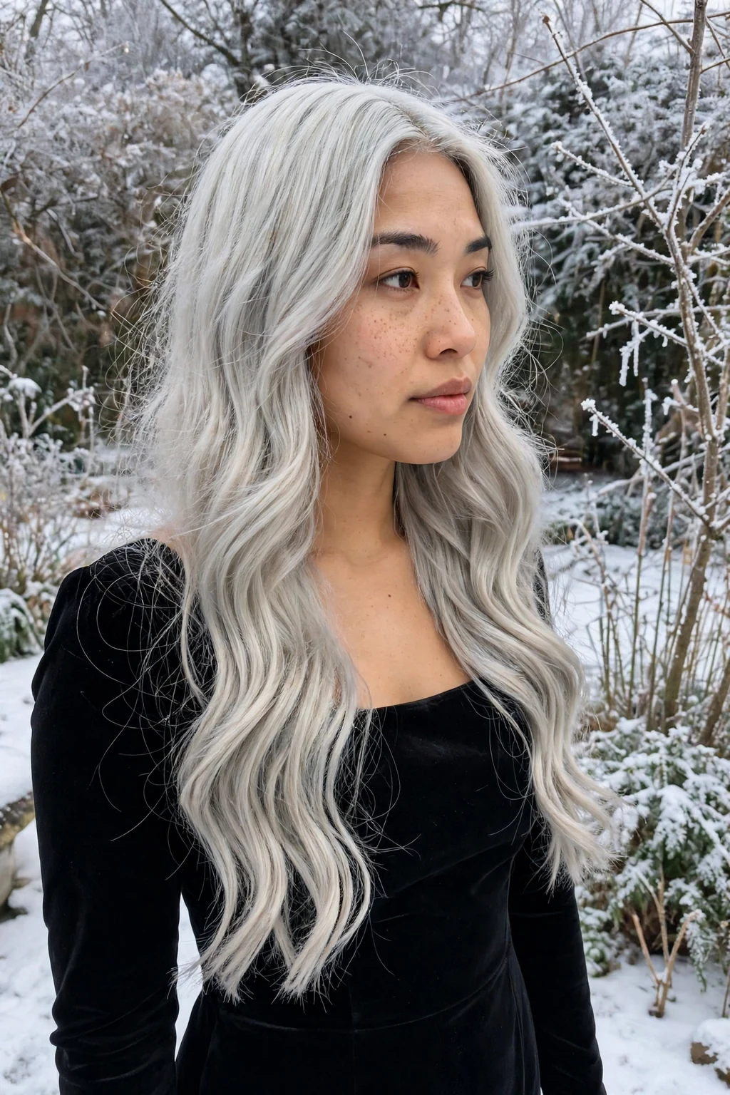 Young woman of mixed heritage with princess frosted silver waves in cool-toned waves with a centre parting, wearing a black velvet evening dress in a snowy garden.