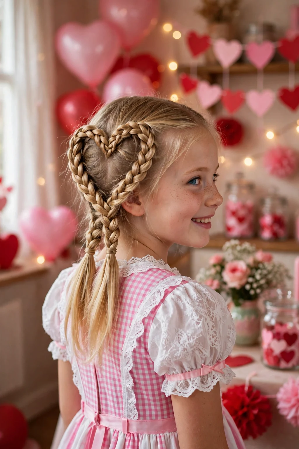 A young girl with two braids shaped into a heart at the back in a Valentine party room.
