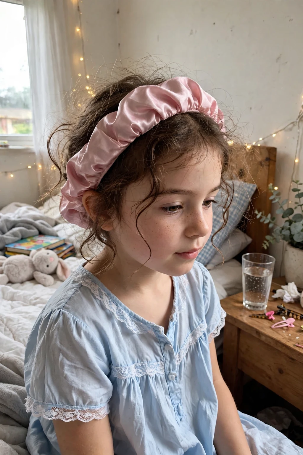 A young girl with soft loose curls and a satin sleep bonnet headband in a cozy bedroom.
