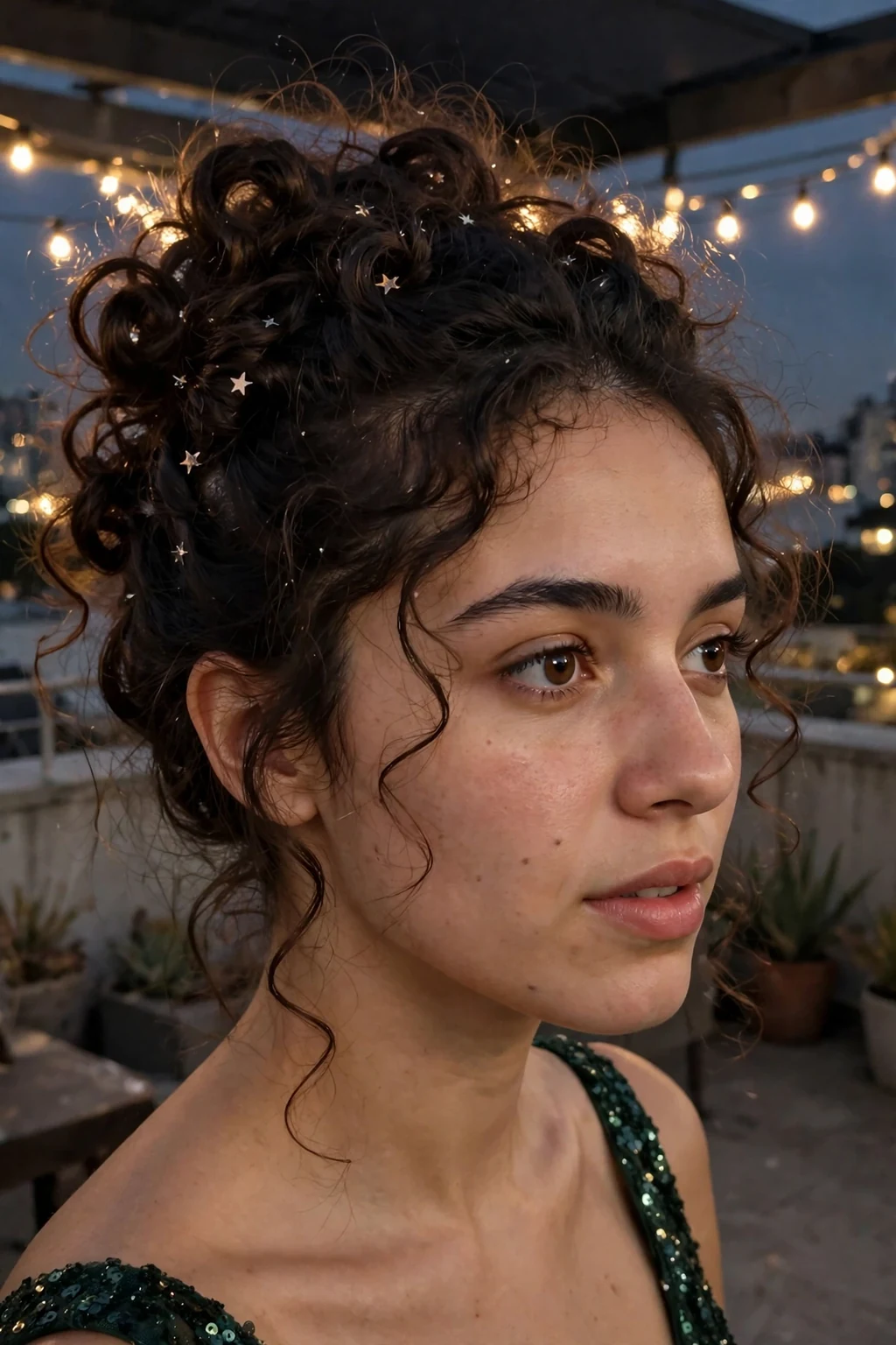 Young Brazilian woman with a princess midnight star updo of voluminous curls pinned up with tiny star pins, wearing a dark green sequinned dress on a rooftop terrace.