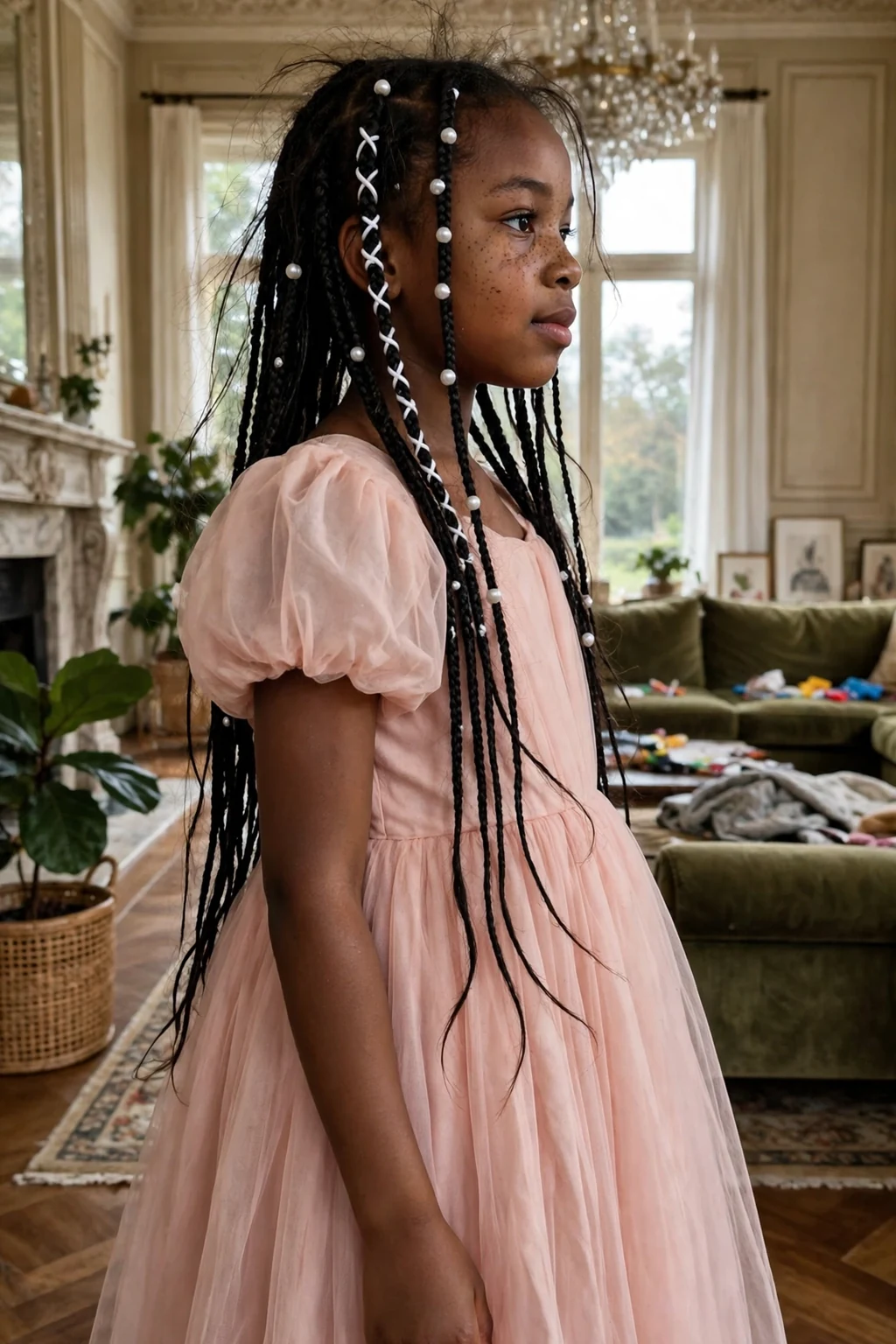 A young girl with two long braids threaded with pearls in a grand living room.