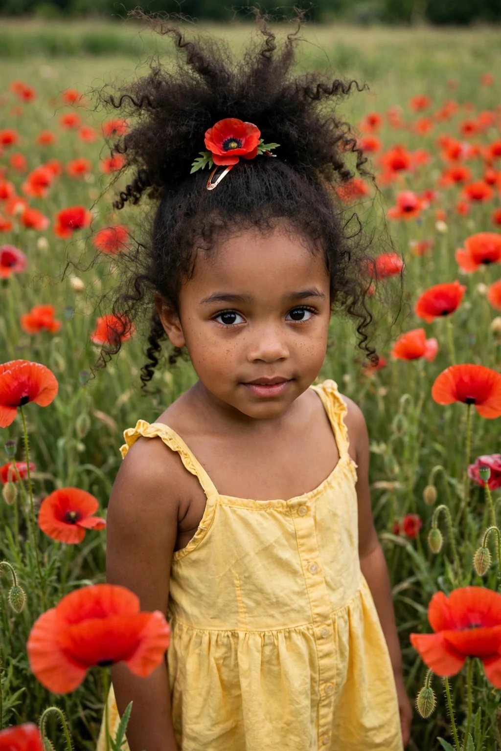 A young girl with a high puff ponytail and a poppy flower clip in a red poppy field.