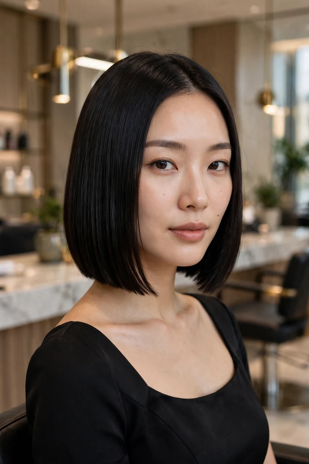 Beautiful woman with pristine straight bob, perfectly straight bob, sleek light.