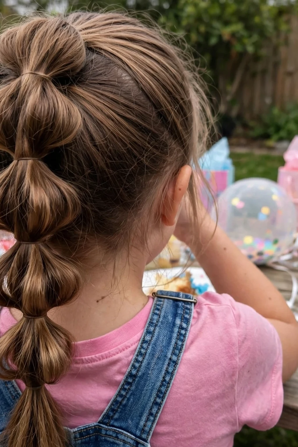A young girl with a pull-through braid ponytail with puffy looped sections, at a backyard birthday picnic.