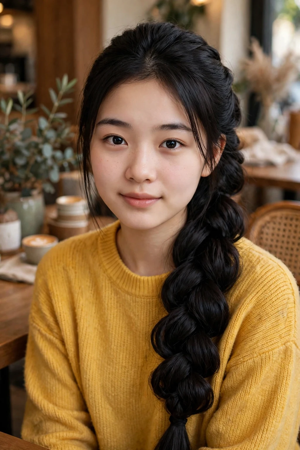 A young woman with a voluminous pull-through braid, wearing a mustard sweater in a cozy cafe.