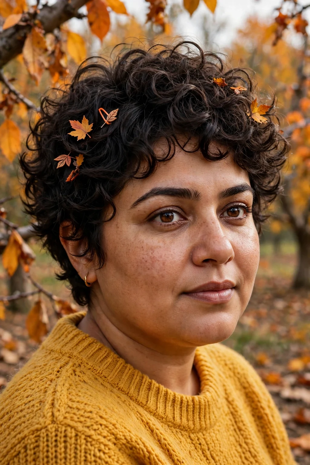 Young woman with a bouncy curly pixie with autumn leaves clips, wearing a mustard yellow sweater in an autumn orchard.