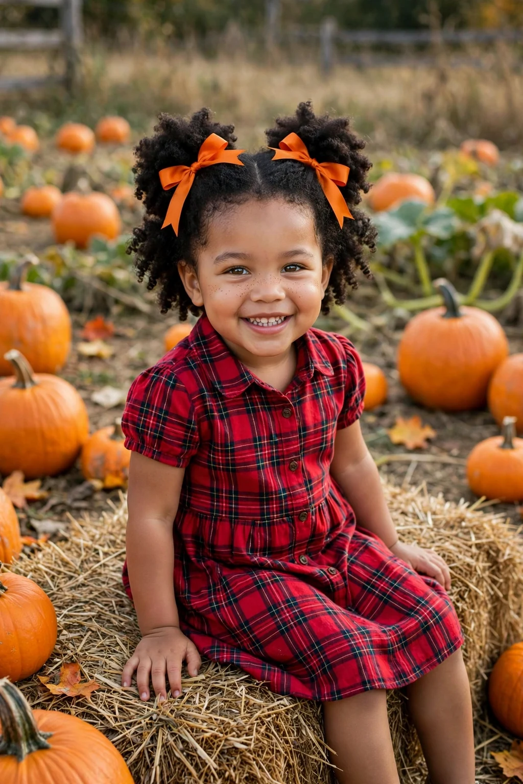 A toddler with two round afro puffs and orange ribbons sitting on a hay bale at a pumpkin patch.