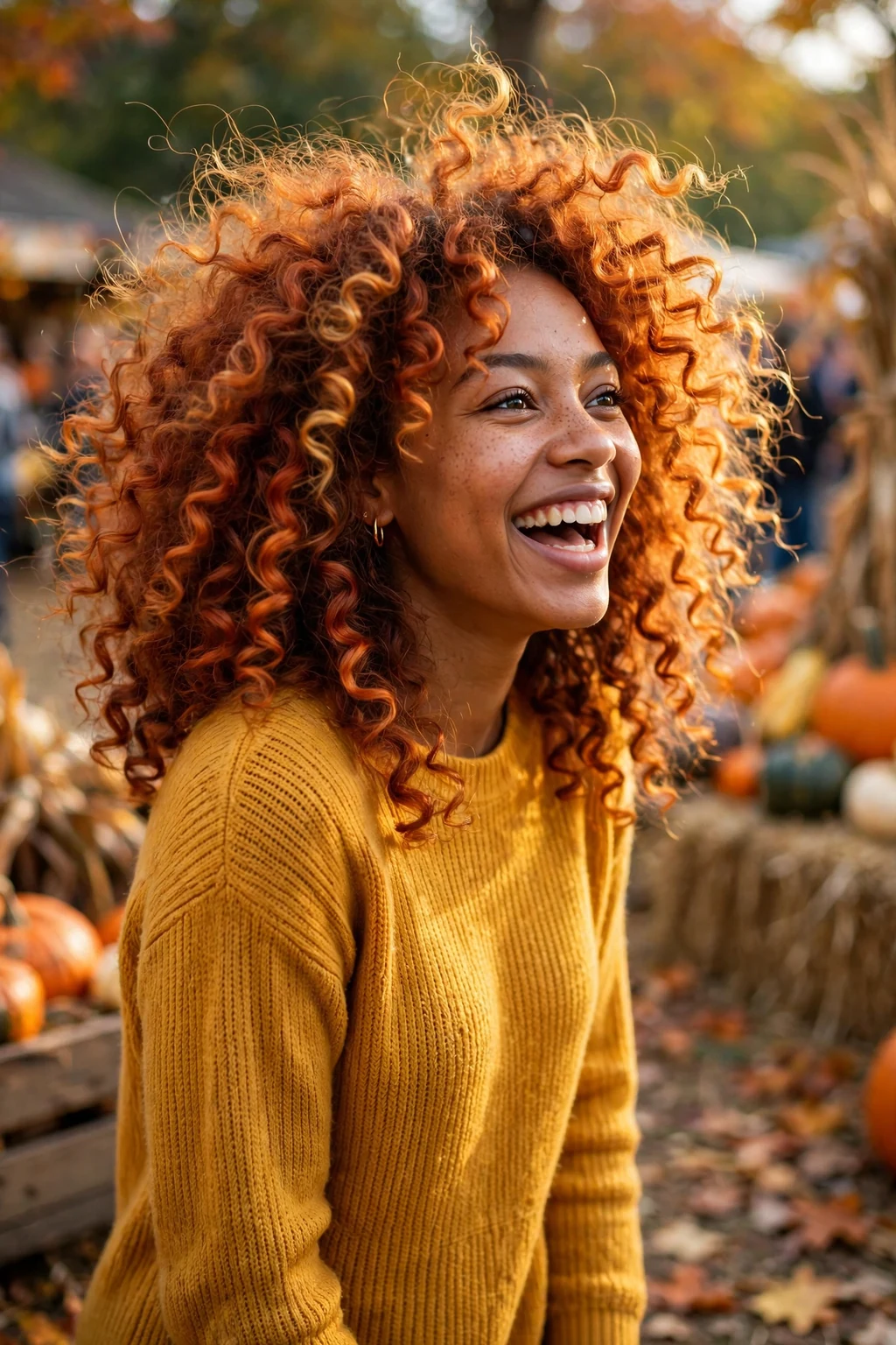 Young Black woman with voluminous pumpkin queen spiral curls in copper and orange tones at a Halloween party.
