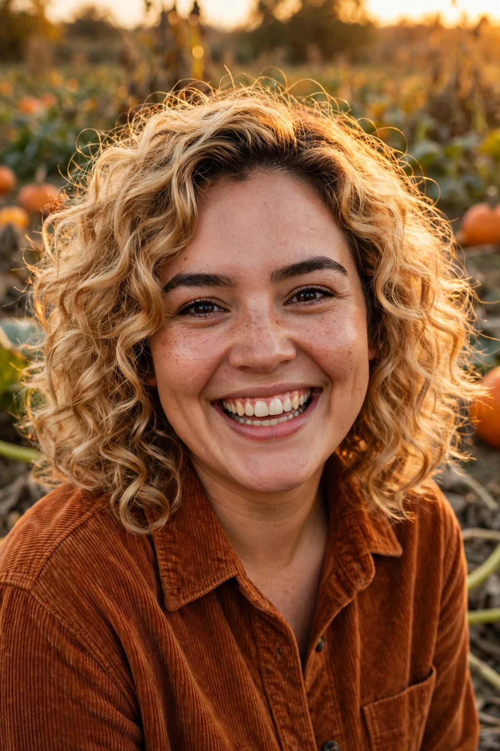 Young woman with pumpkin spice blonde hair in bouncy curls, wearing a rust corduroy shirt at a pumpkin patch.