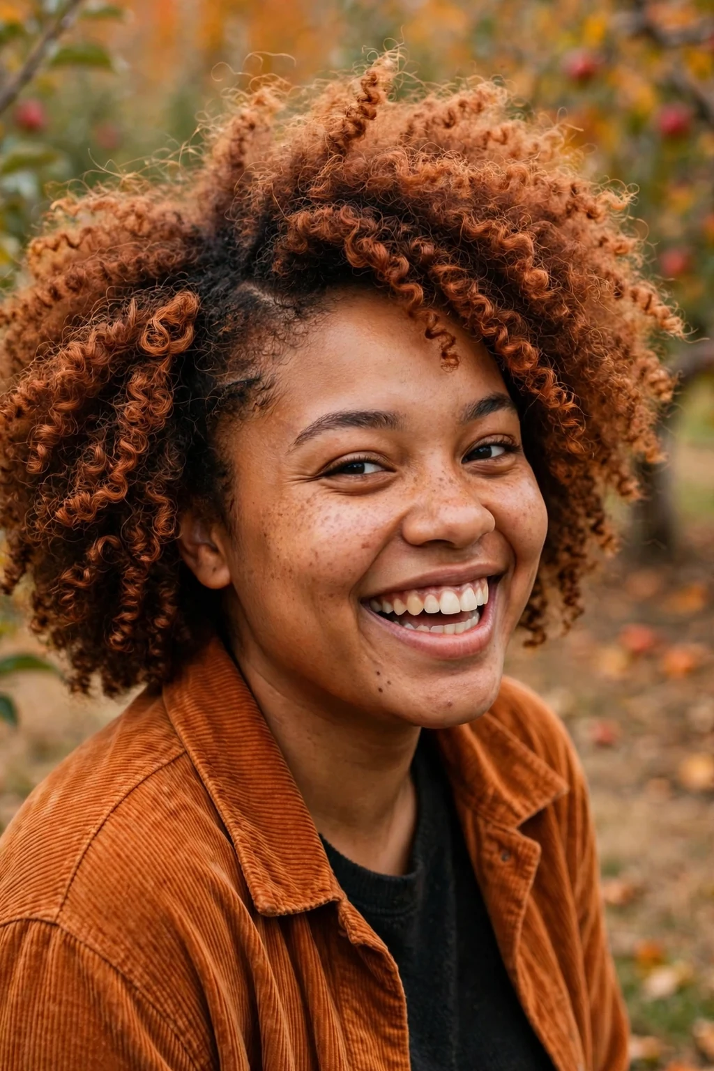 Young Black woman with a pumpkin spice coil-out in warm copper tones at a Halloween party.