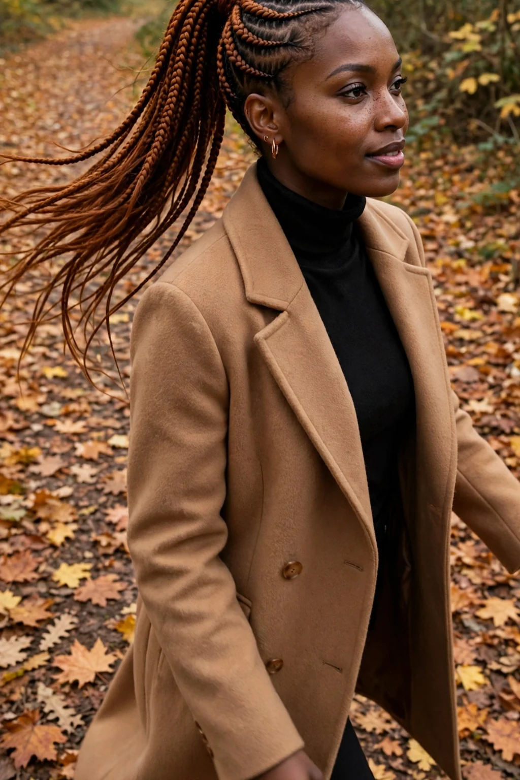 Young Black woman with pumpkin-spice feed-in cornrows in a high ponytail, wearing a camel coat, walking in fall.
