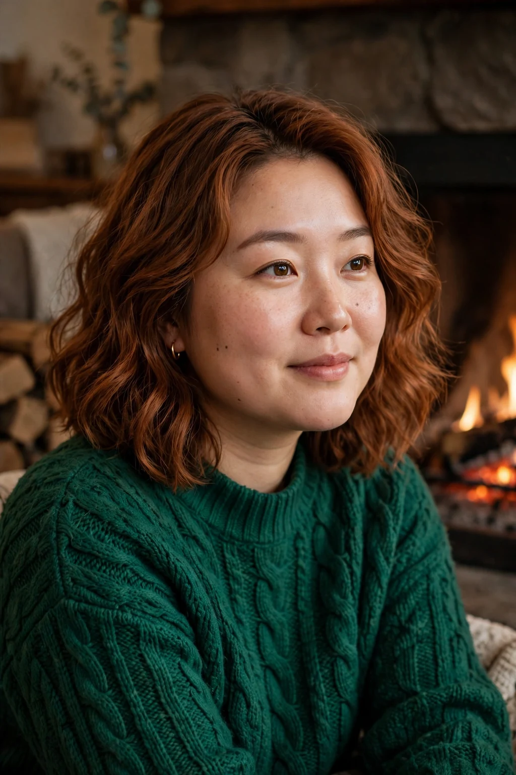 Young woman with a pumpkin spice wavy lob, sitting by a fireplace wearing an emerald sweater.