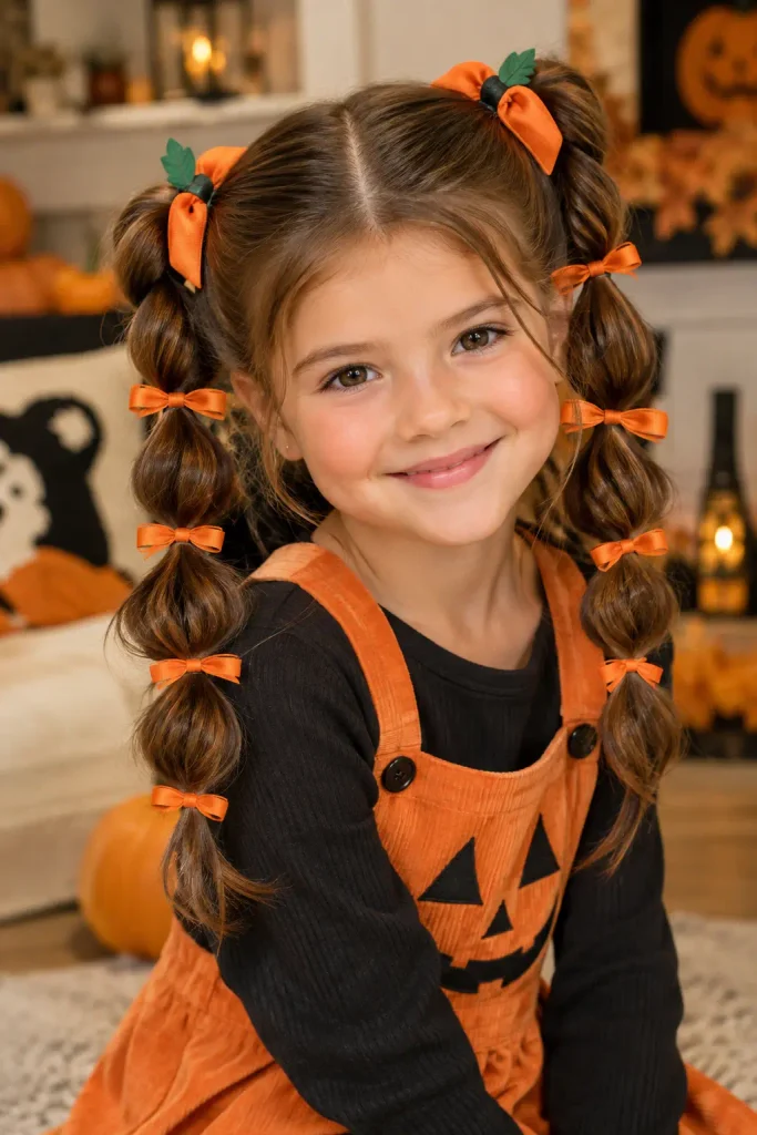 a young girl with medium-brown wavy hair styled in pumpkin-inspired twisted pigtails with orange ribbons and green leaf clips , wearing a cute Halloween outfit in a cozy pumpkin-decorated home.