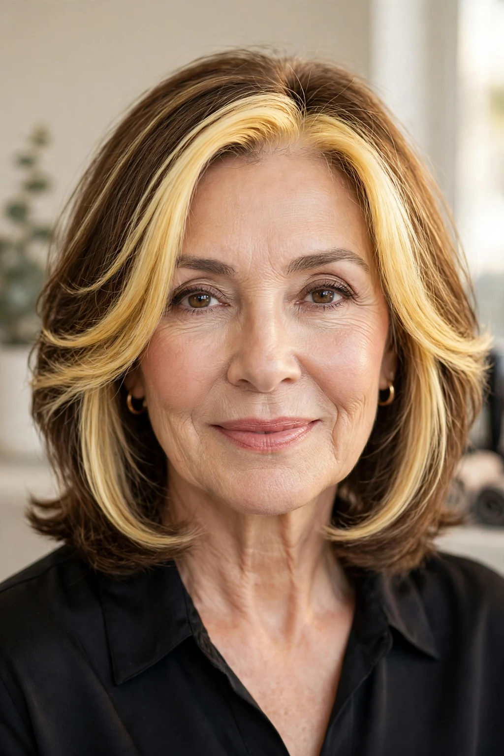 Elegant woman over 50 with radiant money piece, bright face-framing color, glowing light.