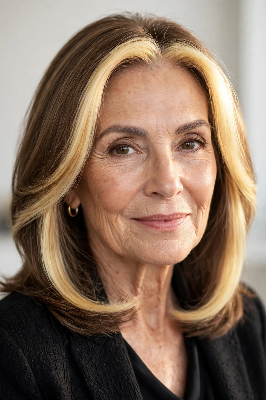 Elegant woman over 60 with radiant money piece, bright face-framing color, glowing light.