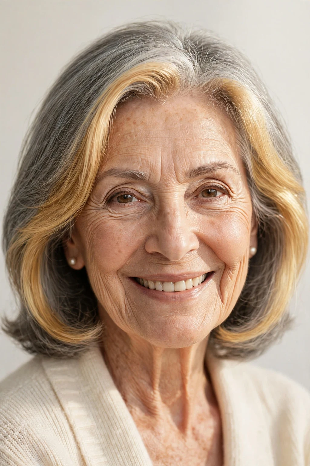 Elegant woman over 70 with radiant money piece, bright face-framing color, glowing light.
