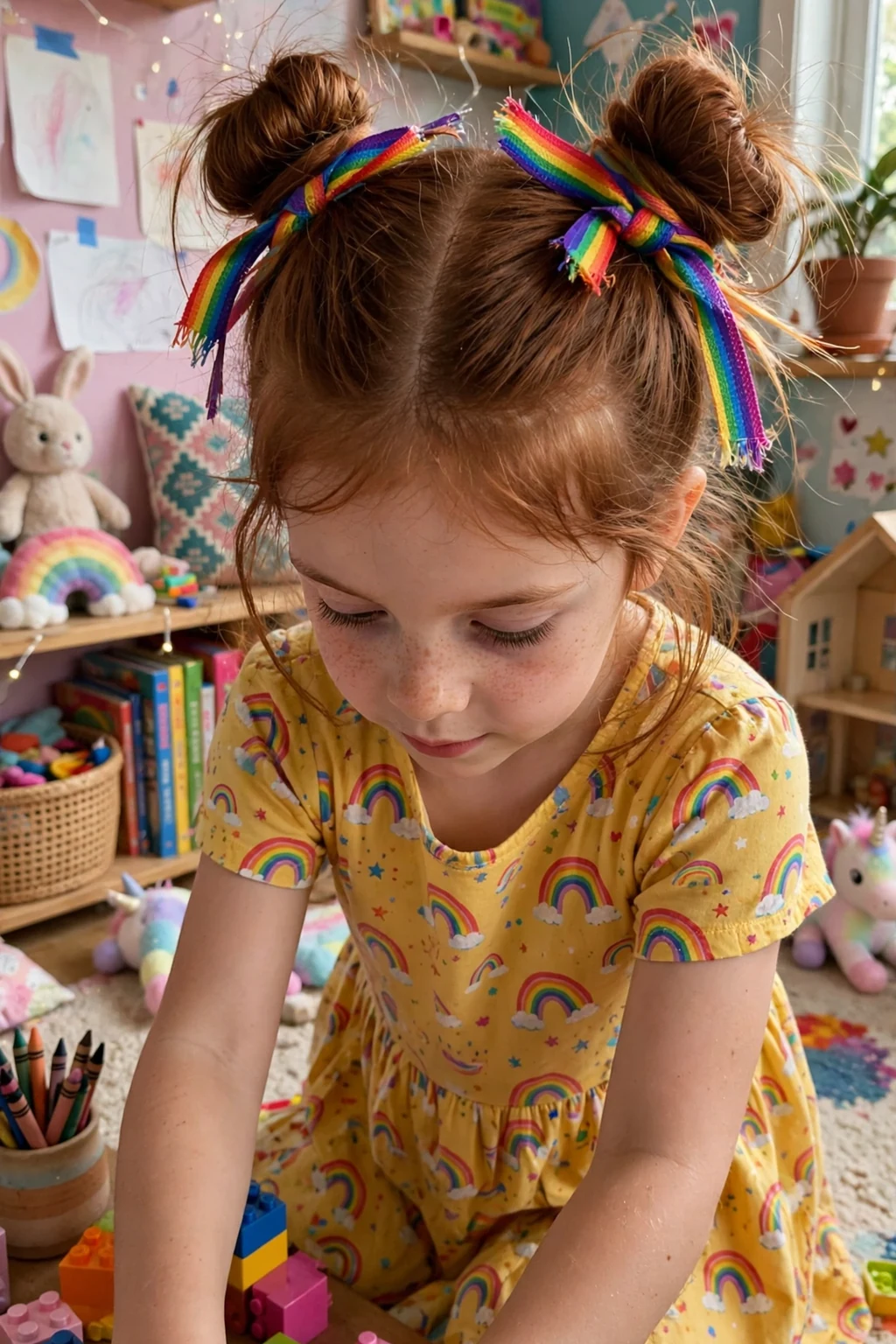 A young girl with two high space buns with rainbow ribbons in a colorful bedroom.