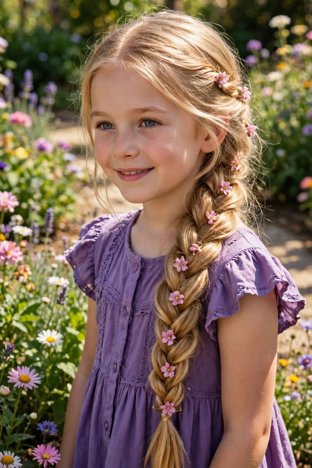 A young girl with a very long golden side braid decorated with small flowers in a garden.