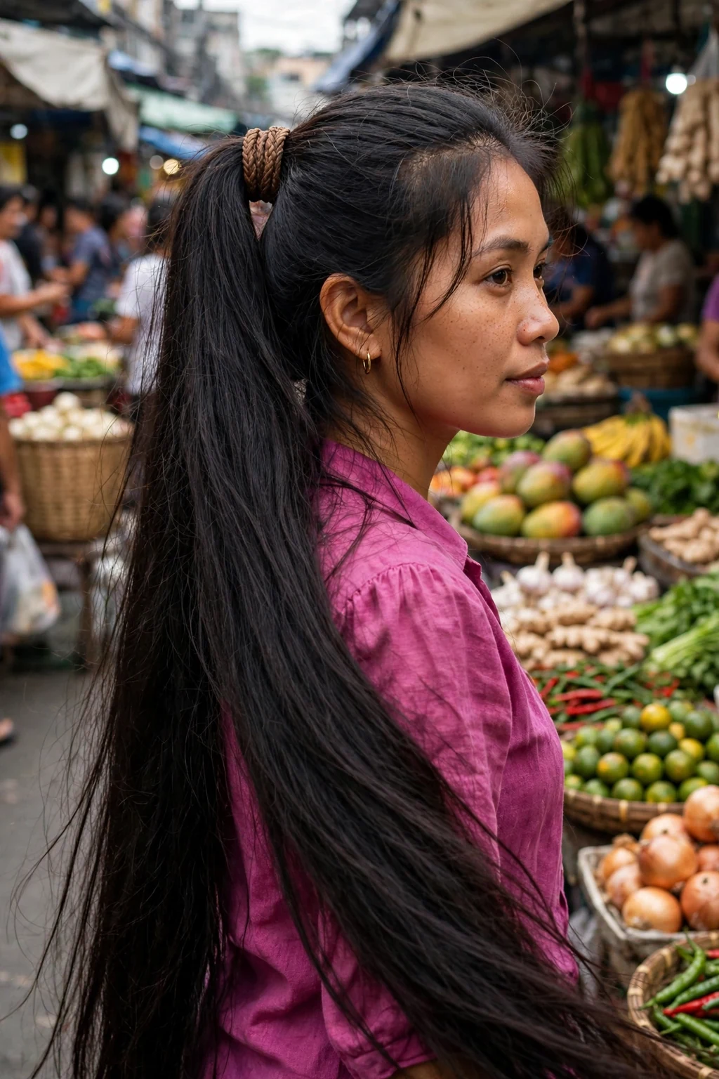 A young Filipino woman in her early 30s with very long black hair in a long ponytail with a wrapped base, wearing a magenta pink blouse in a city market.