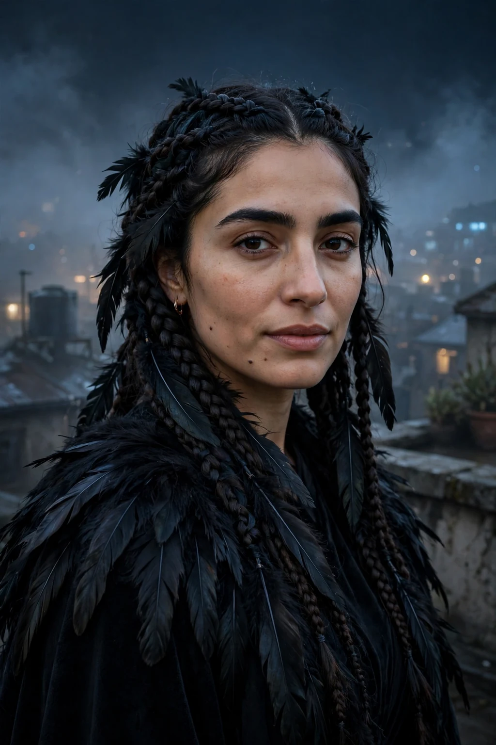 Young woman with raven feather braids woven with black feather accents.