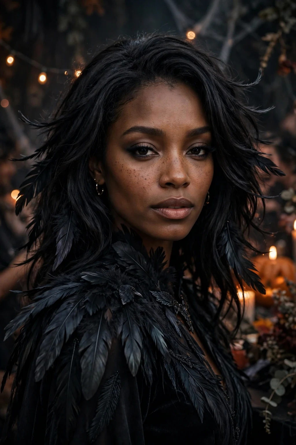 Young Black woman with raven feathered layers and a dark bird costume.