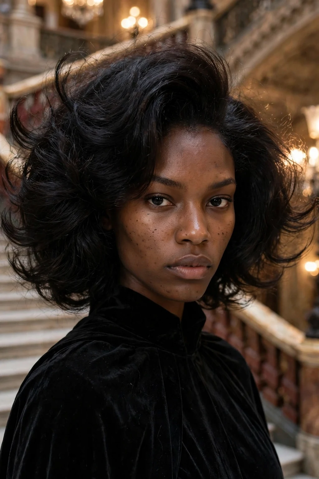 Young Black woman with a raven queen voluminous blowout with feathered ends at a Halloween party.