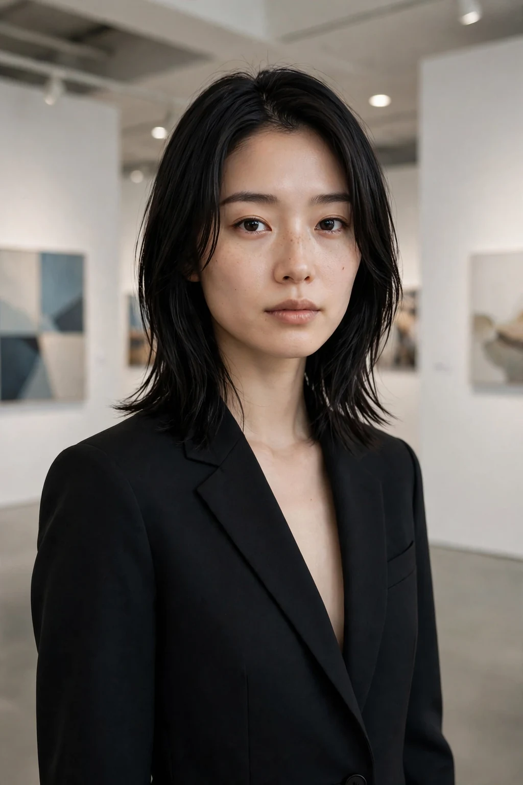 Young woman with razored medium layers, standing in a modern art gallery wearing a sharp black suit.