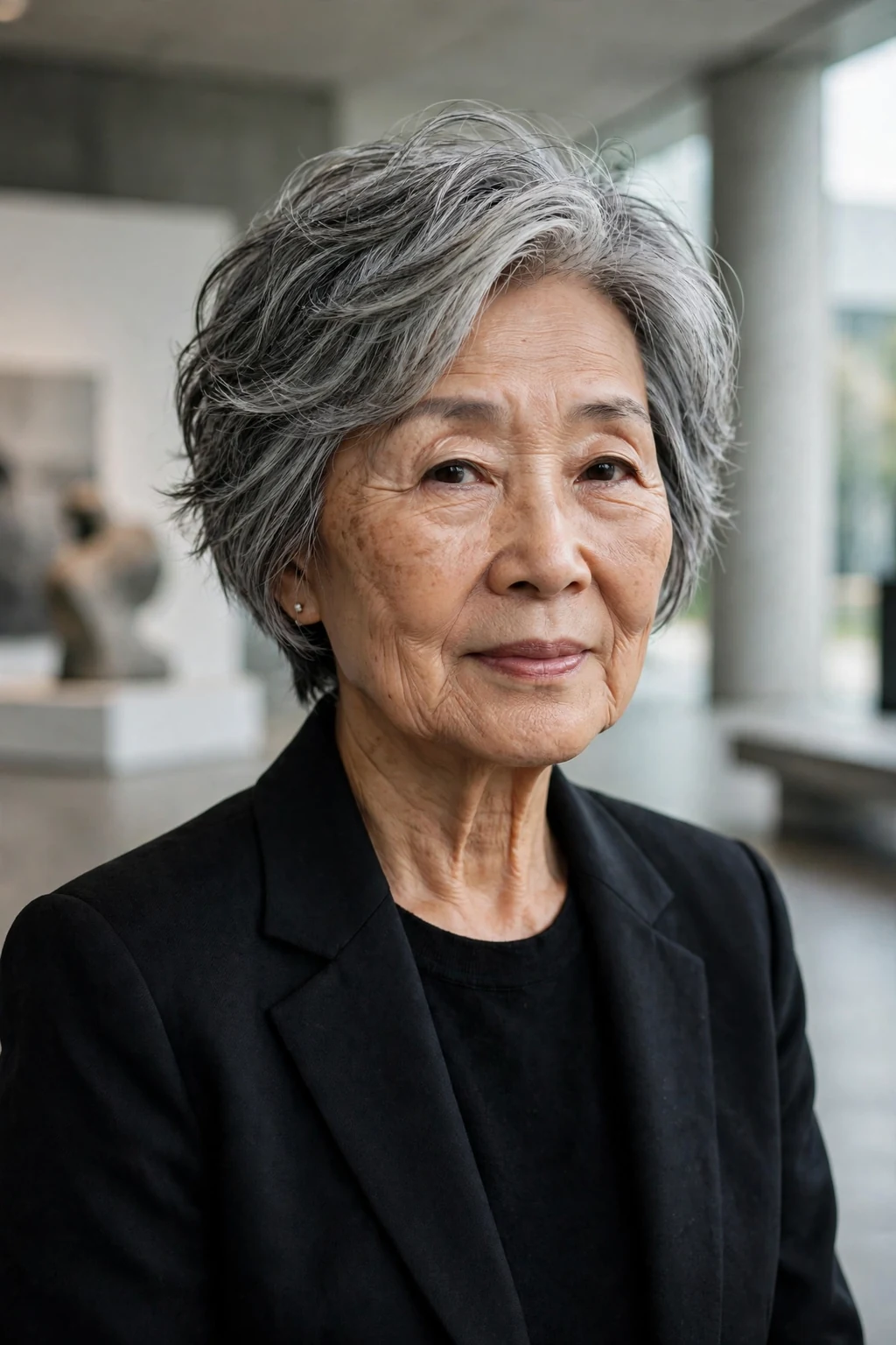 Beautiful older woman with razored layers, sharp razored layers, modern light.