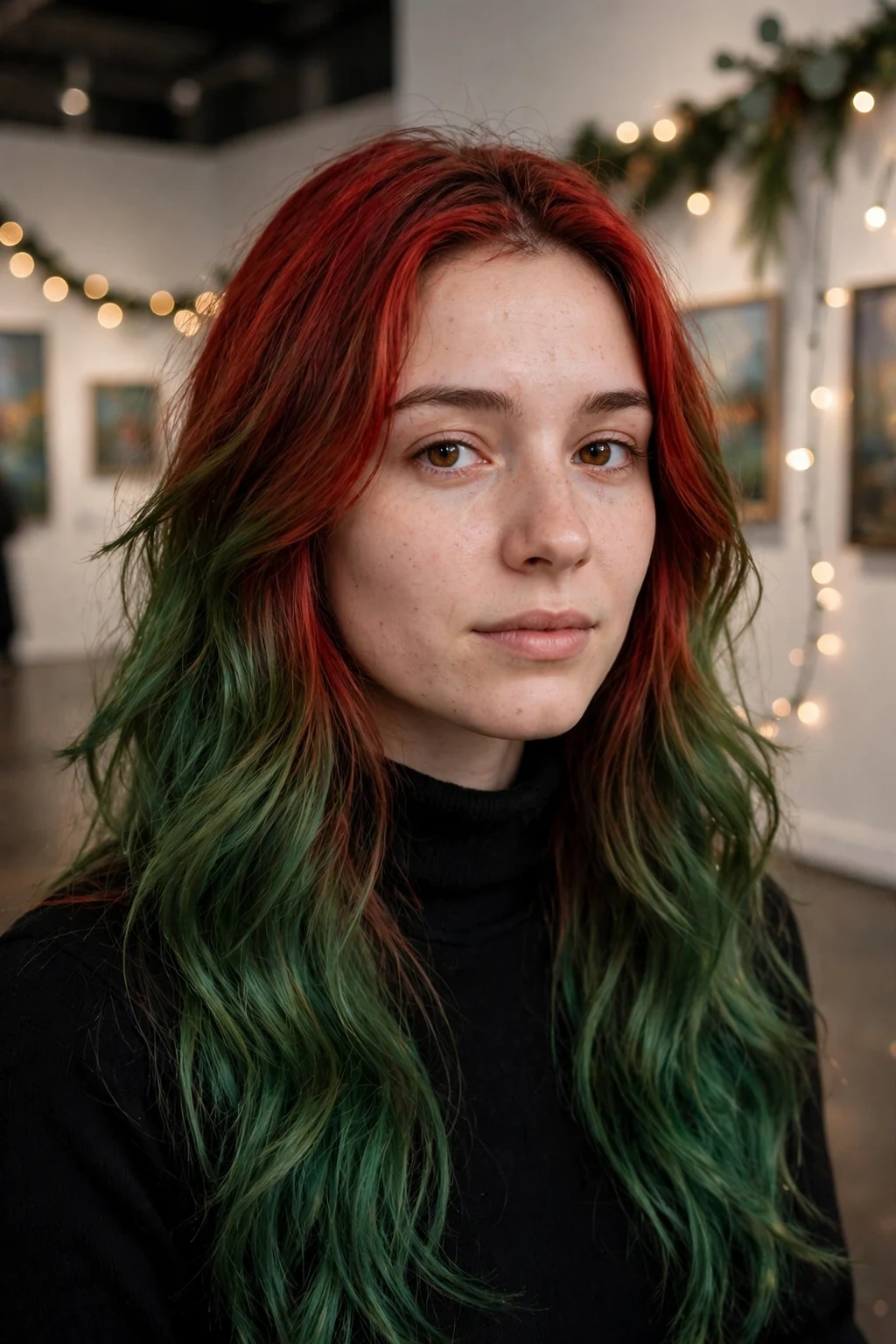 Young woman with red and green tree ombre hairstyle, festive holiday look.