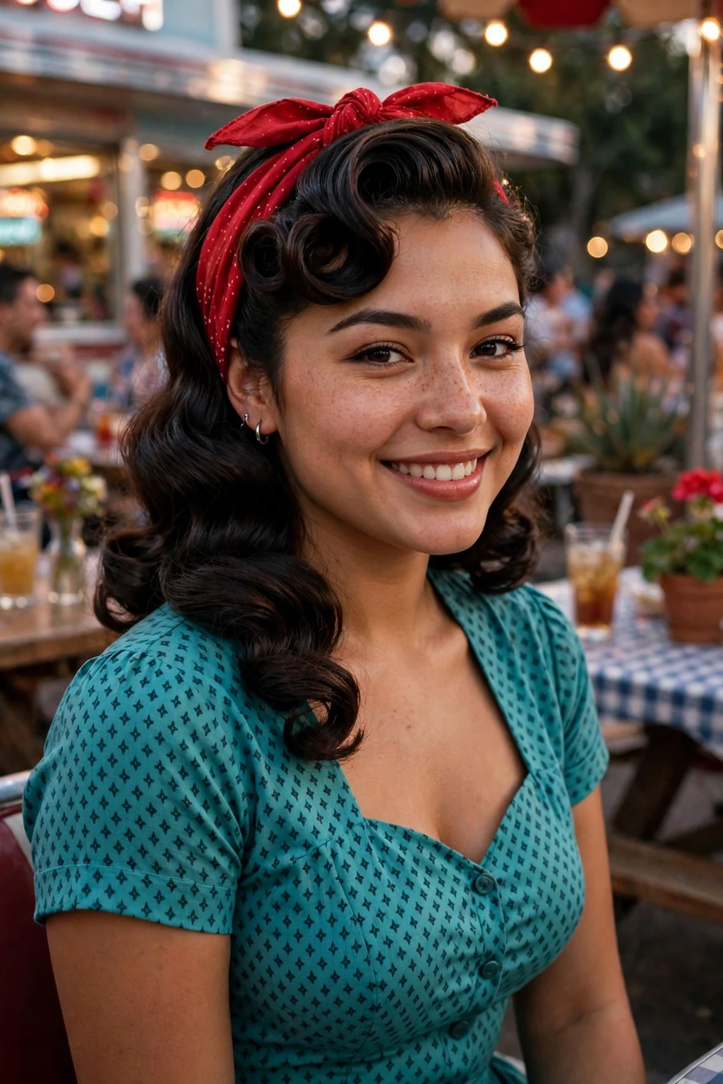 Young woman with red bandana pin-up waves at a diner-themed party.