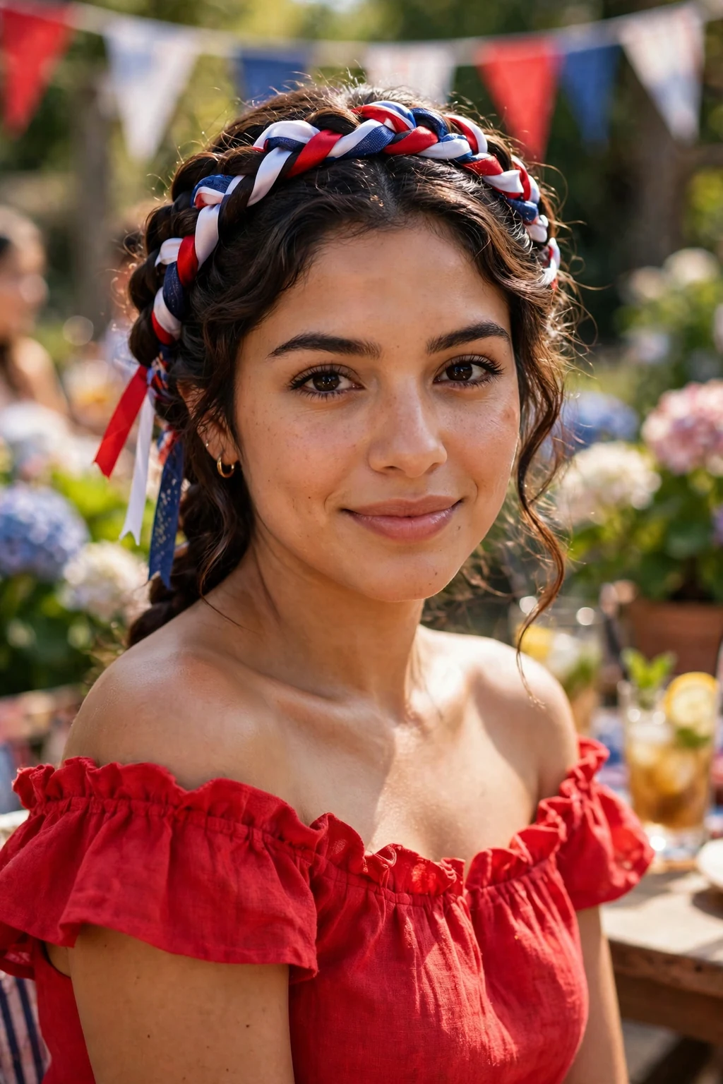 Young woman with a red, white, and blue braided crown hairstyle at a summer garden party.