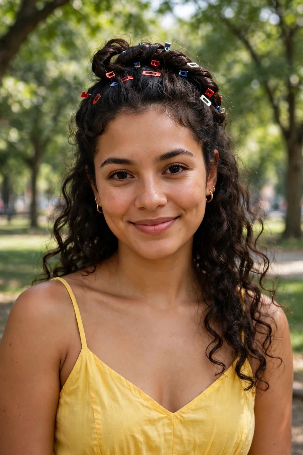 Young woman with a red, white, and blue twisted half-up hairstyle in a park.