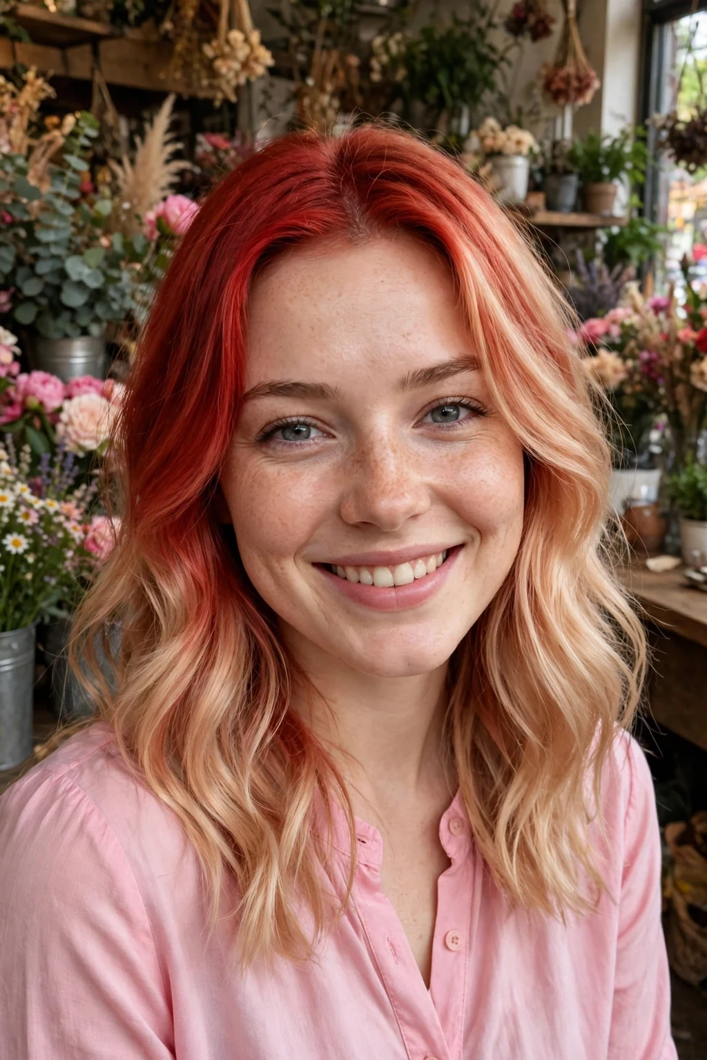 Beautiful woman with red to strawberry blonde transformation, vibrant red to strawberry blonde, luminous light.