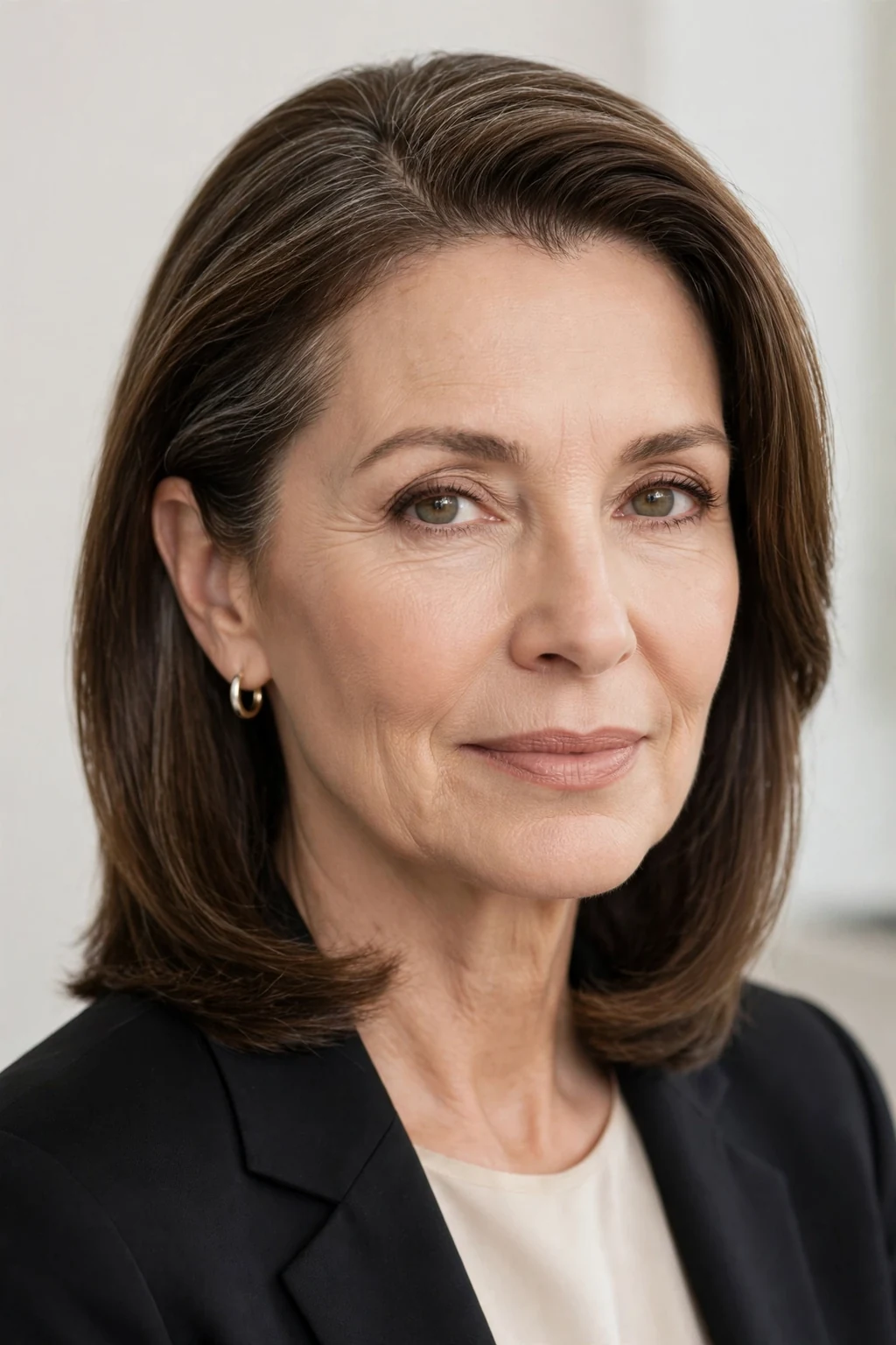 Elegant woman over 50 with refined side-part style, polished deep part, sophisticated light.