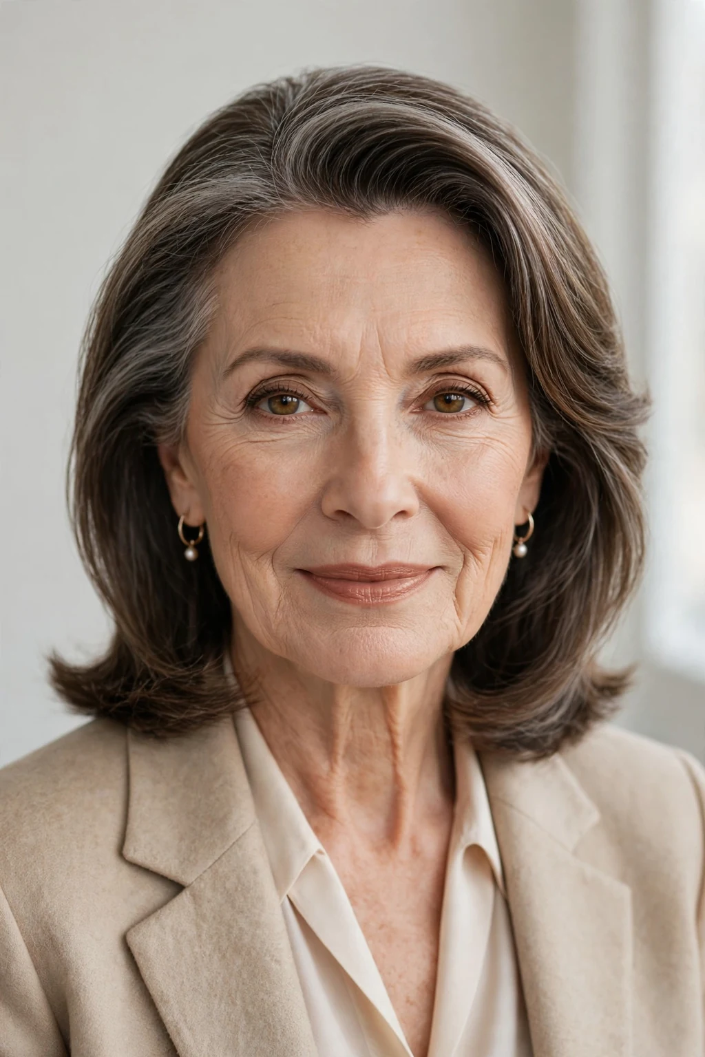 Elegant woman over 60 with refined side-part style, polished deep part, sophisticated light.