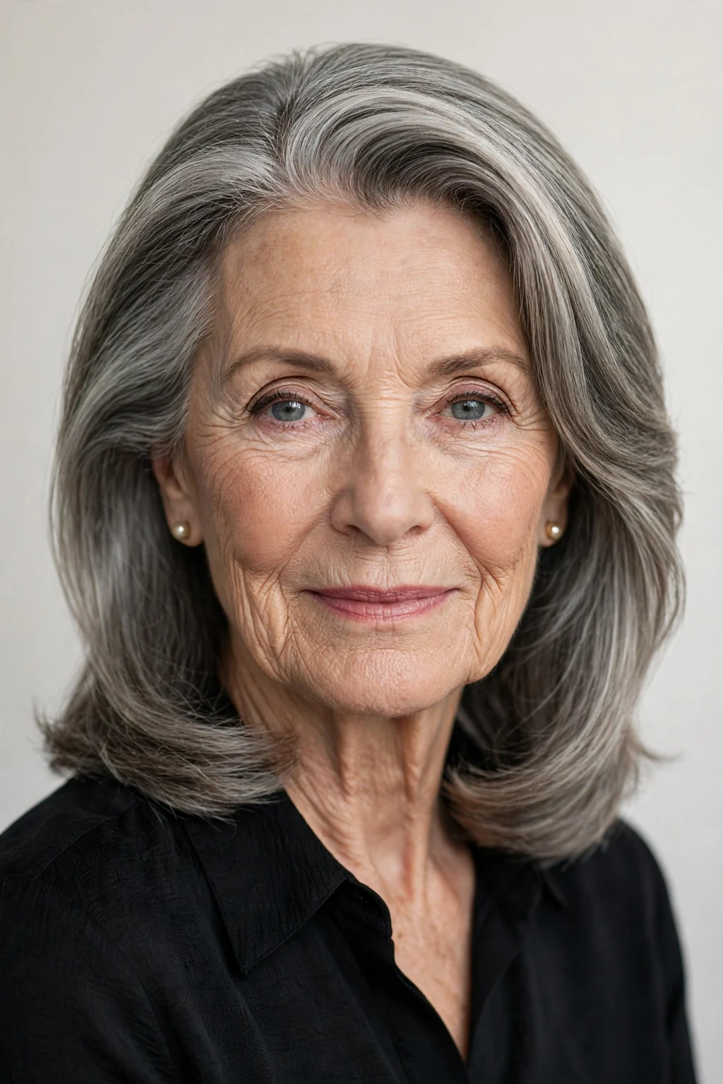 Elegant woman over 70 with refined side-part style, polished deep part, sophisticated light.