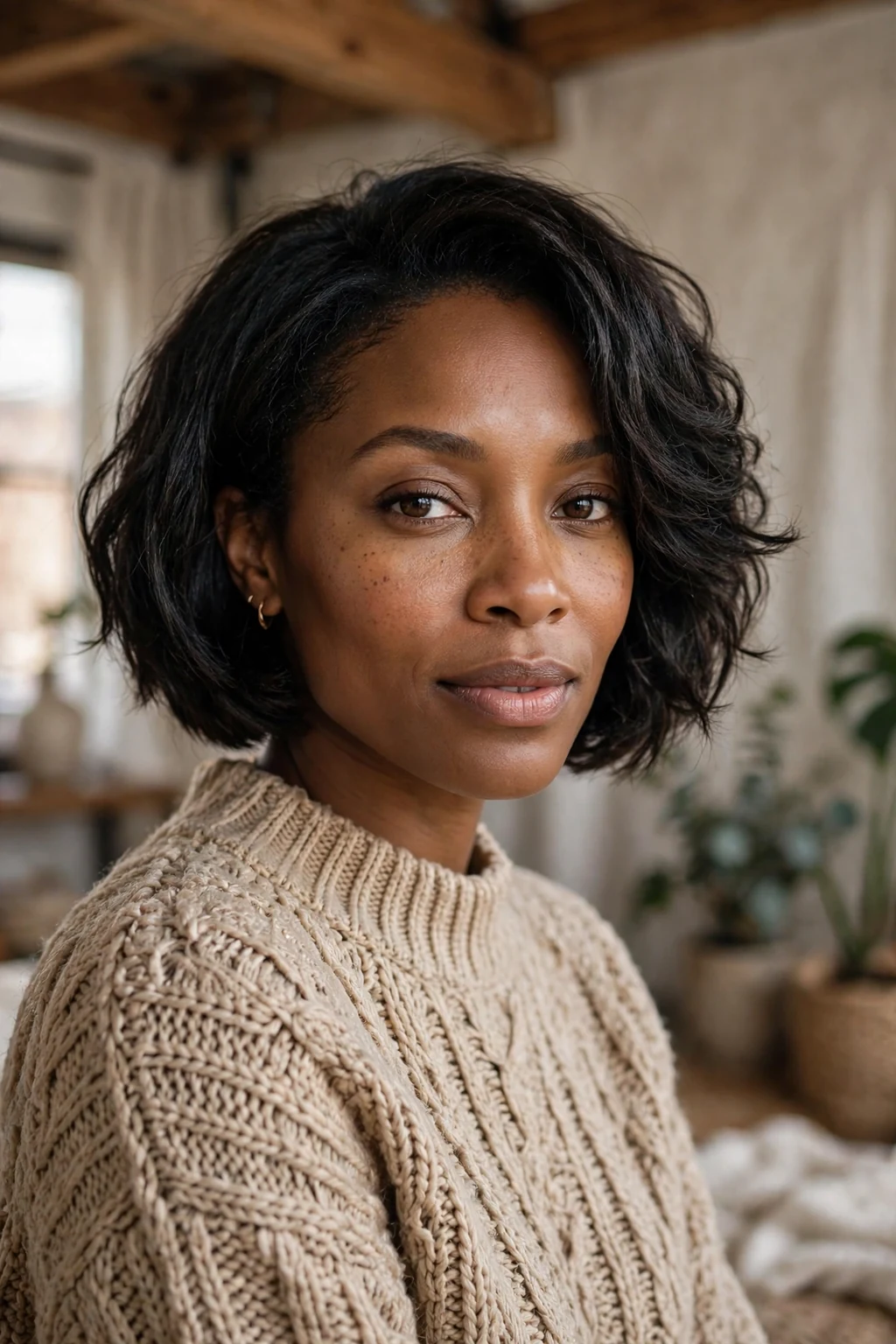 Beautiful woman with refined textured bob, subtle textured bob, natural light.