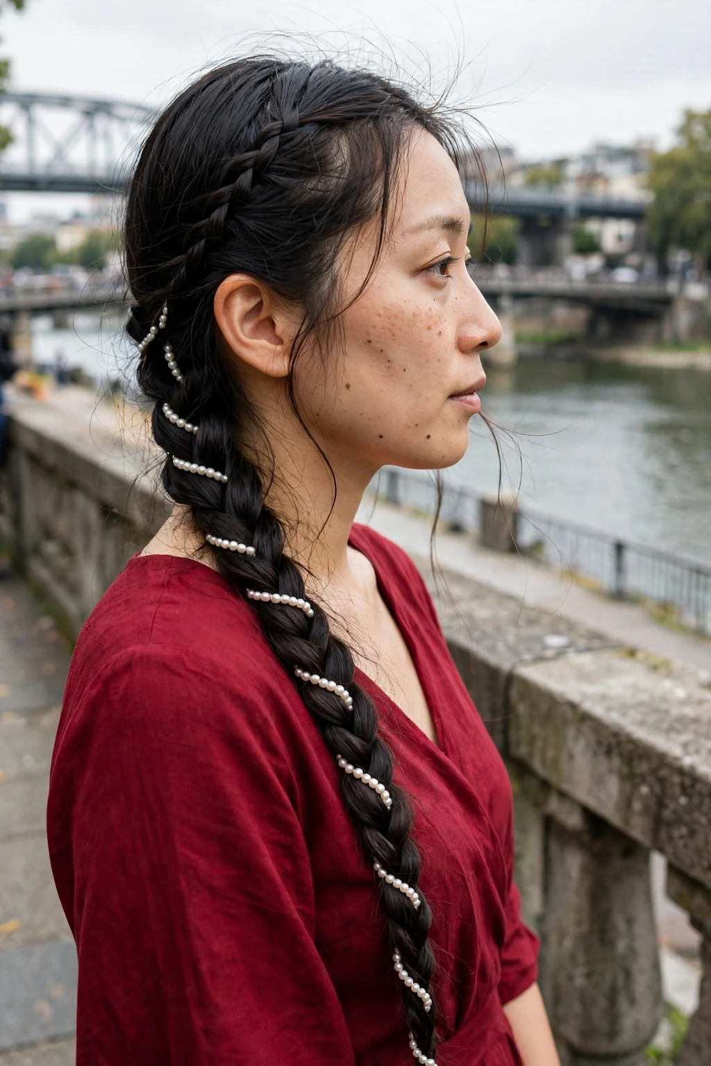 Young Japanese woman with a regal pearl cascade braid in a loose side braid threaded with small pearls, wearing a wine red gown on a riverside terrace.